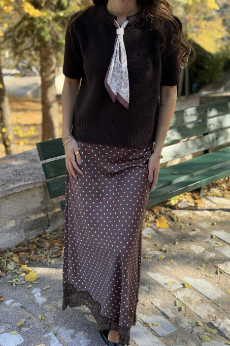 SHORT SLEEVES SCARF DETAIL WOMEN SWEATER DARK BROWN/KAE - 3