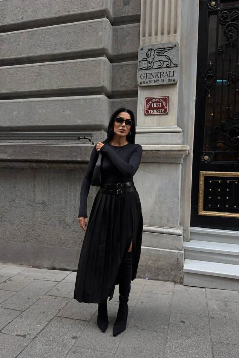 SIDE SPLIT LONG BELTED WOMEN SKIRT BLACK/ E ZEZE - 5