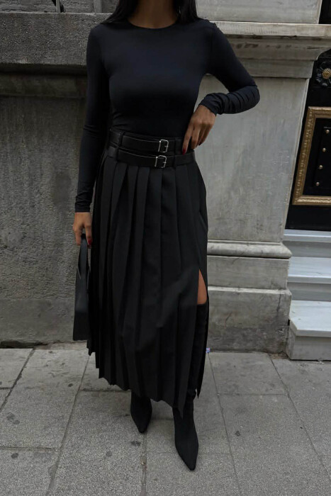 SIDE SPLIT LONG BELTED WOMEN SKIRT BLACK/ E ZEZE - 1