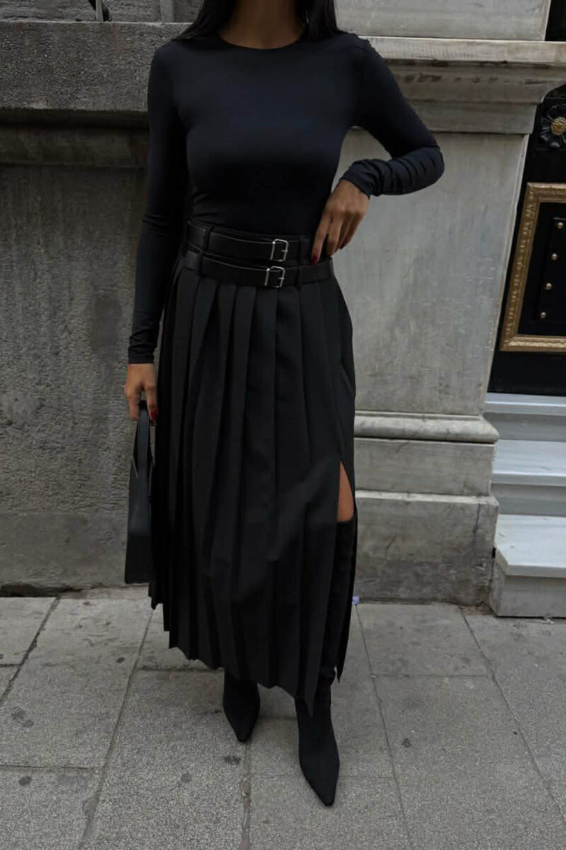 SIDE SPLIT LONG BELTED WOMEN SKIRT BLACK/ E ZEZE - 1