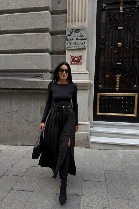 SIDE SPLIT LONG BELTED WOMEN SKIRT BLACK/ E ZEZE - 2