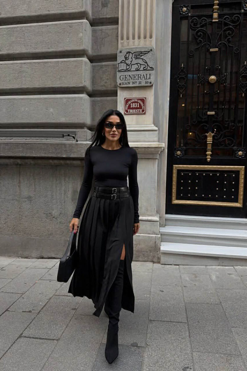 SIDE SPLIT LONG BELTED WOMEN SKIRT BLACK/ E ZEZE - 2