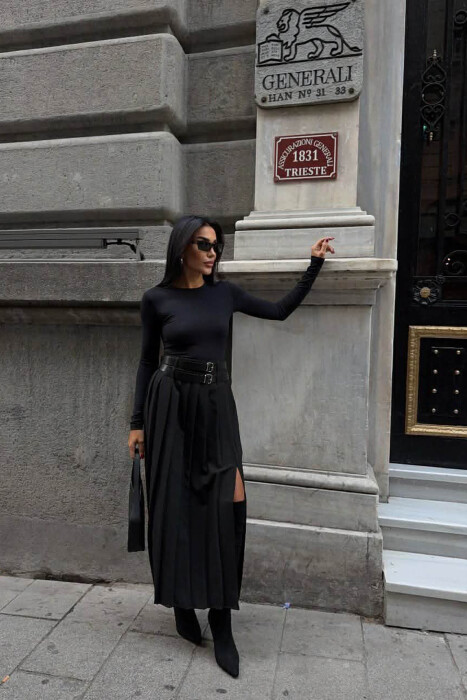 SIDE SPLIT LONG BELTED WOMEN SKIRT BLACK/ E ZEZE - 4