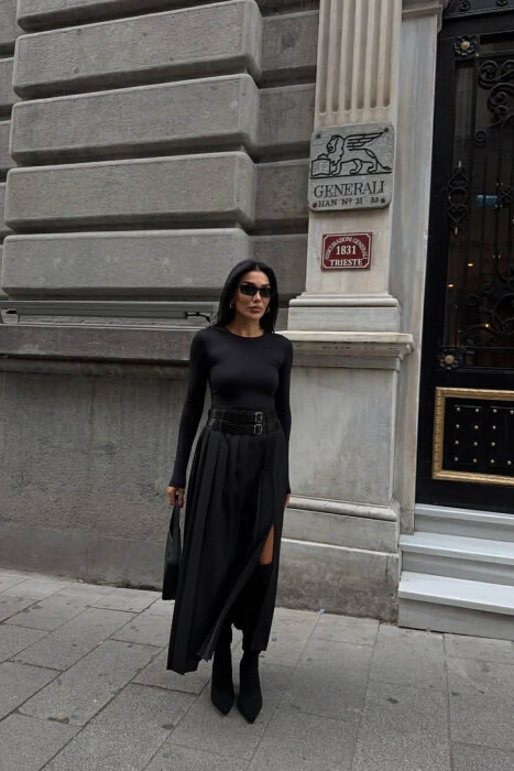 SIDE SPLIT LONG BELTED WOMEN SKIRT BLACK/ E ZEZE - 3