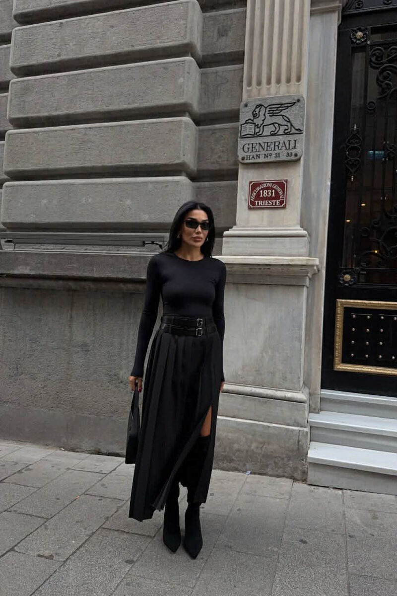 SIDE SPLIT LONG BELTED WOMEN SKIRT BLACK/ E ZEZE - 3