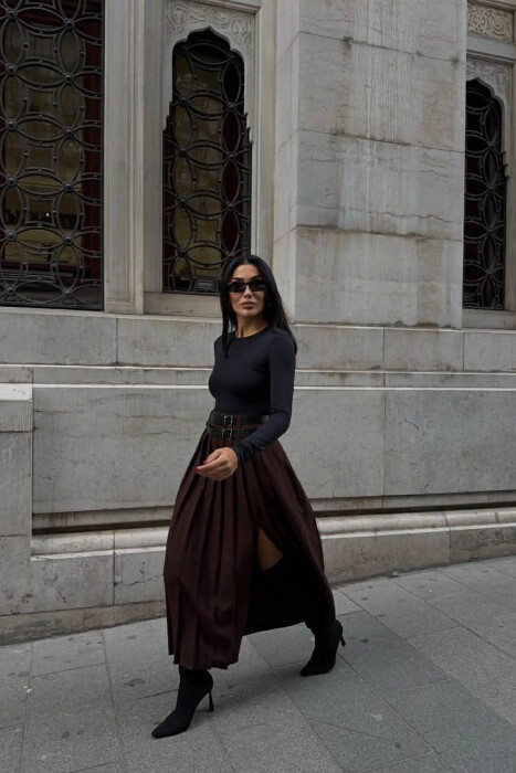 SIDE SPLIT LONG BELTED WOMEN SKIRT BLACK/ E ZEZE - 6