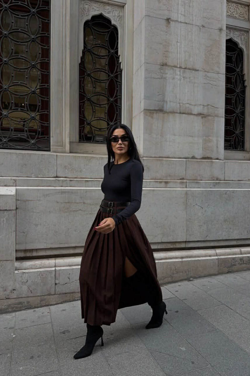 SIDE SPLIT LONG BELTED WOMEN SKIRT BLACK/ E ZEZE - 6