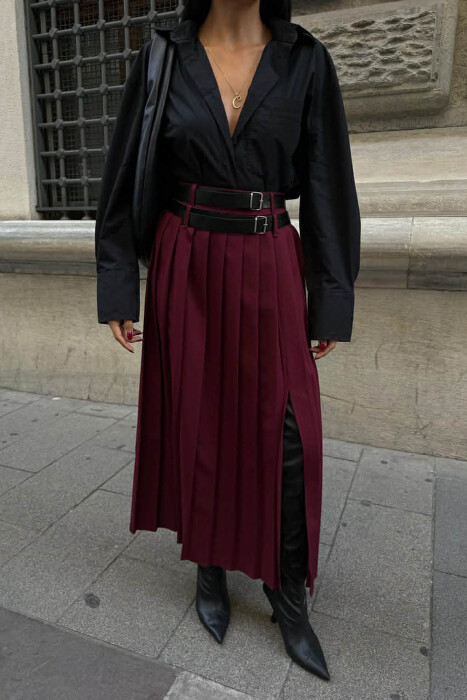 SIDE SPLIT LONG BELTED WOMEN SKIRT BURGUNDY/VISHNJE 