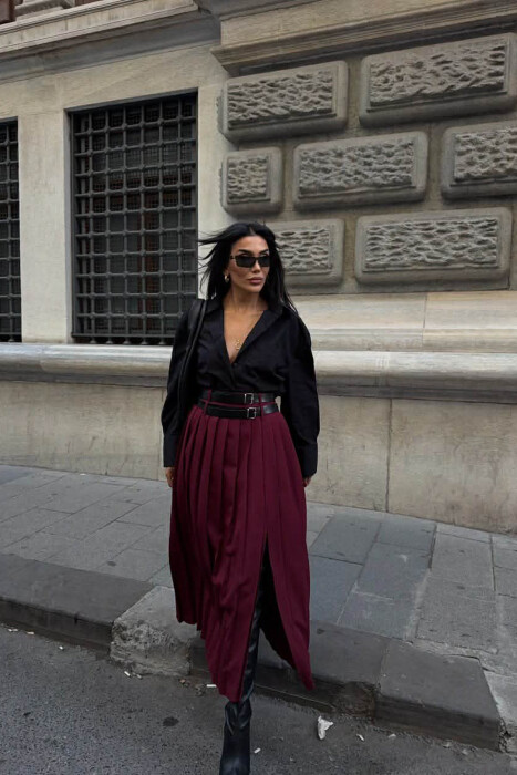 SIDE SPLIT LONG BELTED WOMEN SKIRT BURGUNDY/VISHNJE - 2