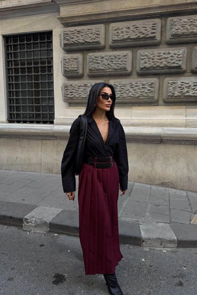 SIDE SPLIT LONG BELTED WOMEN SKIRT BURGUNDY/VISHNJE - 3