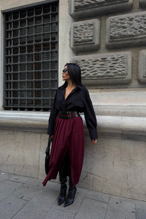 SIDE SPLIT LONG BELTED WOMEN SKIRT BURGUNDY/VISHNJE - 4