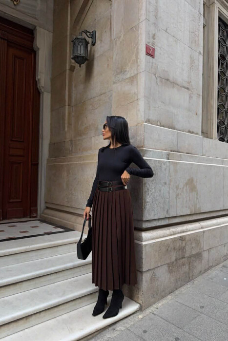 SIDE SPLIT LONG BELTED WOMEN SKIRT DARK BROWN/KAE - 4