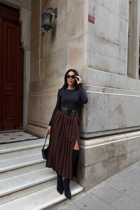 SIDE SPLIT LONG BELTED WOMEN SKIRT DARK BROWN/KAE - 3