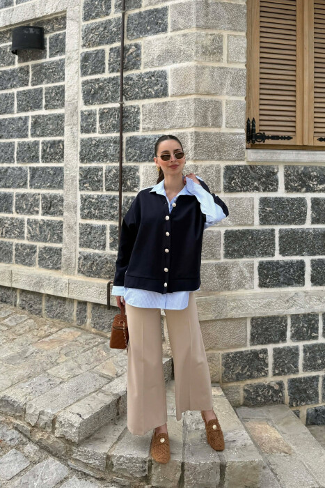 SILVER BUTTONS WOMAN SHIRT DARK BLUE/BEE - KLAUDIO FASHION