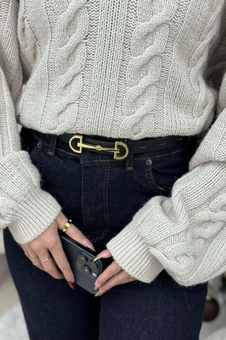 SIMETRIC LETTER D BUCKLE DESIGN WOMEN BELT BLACK+GOLD/ZEGO 