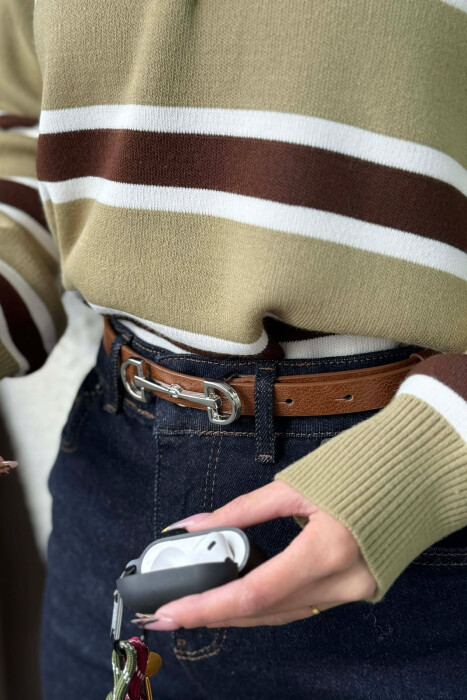 SIMETRIC LETTER D BUCKLE DESIGN WOMEN BELT BROWN+SILVER/KAFE+ARGJEND 