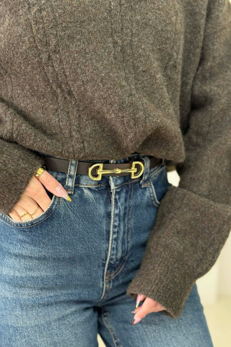 SIMETRIC LETTER D BUCKLE DESIGN WOMEN BELT DARK BROWN+GOLD/KAFE ERRET+GOLD - 1