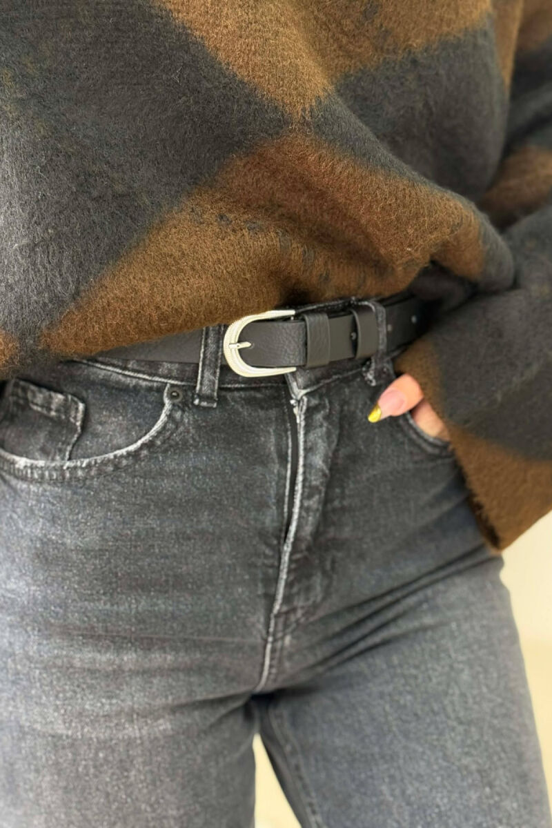 SIMPLE BUCKLE LEATHER WOMEN BELT BLACK+SILVER/ZEZE+ARGJEND - 1