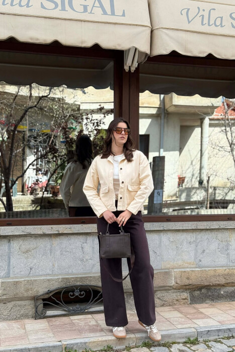 SIMPLE BUTTONED DENIM WOMEN JACKET CREAM/KREM - 2