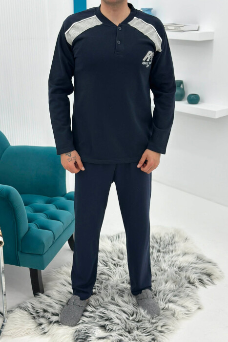 SIMPLE BUTTONED NECK SWEATSHIRT+SWEATPANTS MEN PYJAMAS DARK BLUE/BEE 