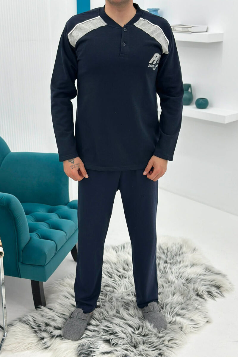 SIMPLE BUTTONED NECK SWEATSHIRT+SWEATPANTS MEN PYJAMAS DARK BLUE/BEE - 1