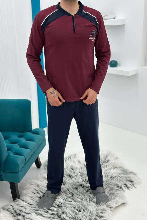 SIMPLE BUTTONED NECK SWEATSHIRT+SWEATPANTS MEN PYJAMAS DARK BURGUNDY/VISHNJE E ERRET 