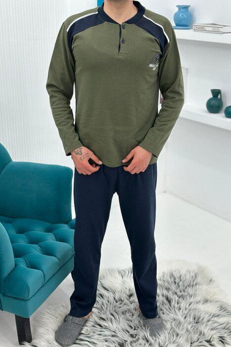 SIMPLE BUTTONED NECK SWEATSHIRT+SWEATPANTS MEN PYJAMAS GREEN/JESHILE 