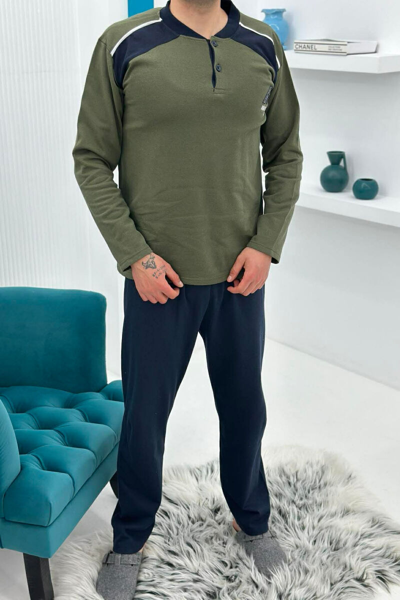 SIMPLE BUTTONED NECK SWEATSHIRT+SWEATPANTS MEN PYJAMAS GREEN/JESHILE - 4