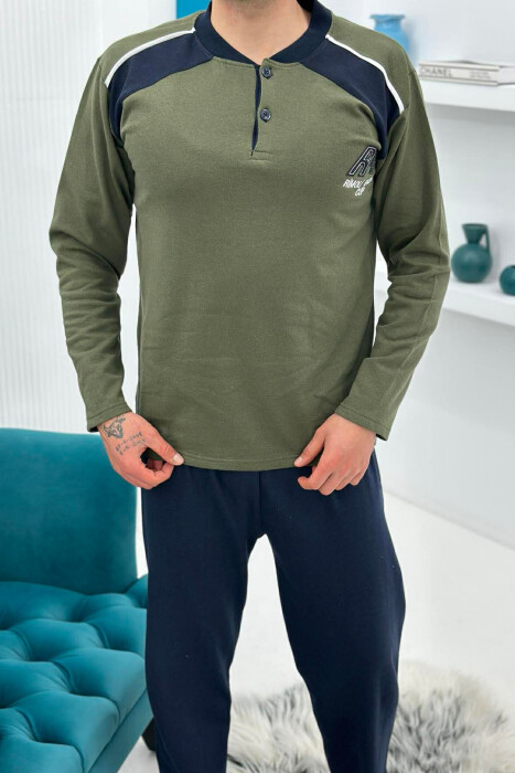 SIMPLE BUTTONED NECK SWEATSHIRT+SWEATPANTS MEN PYJAMAS GREEN/JESHILE - 5
