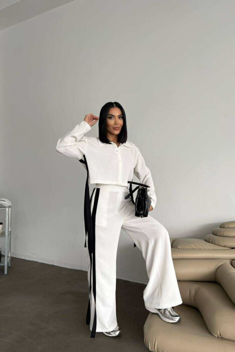 SIMPLE CROPPED SHIRT+TROUSERS WOMEN SET WHITE-E BARDHE - 1