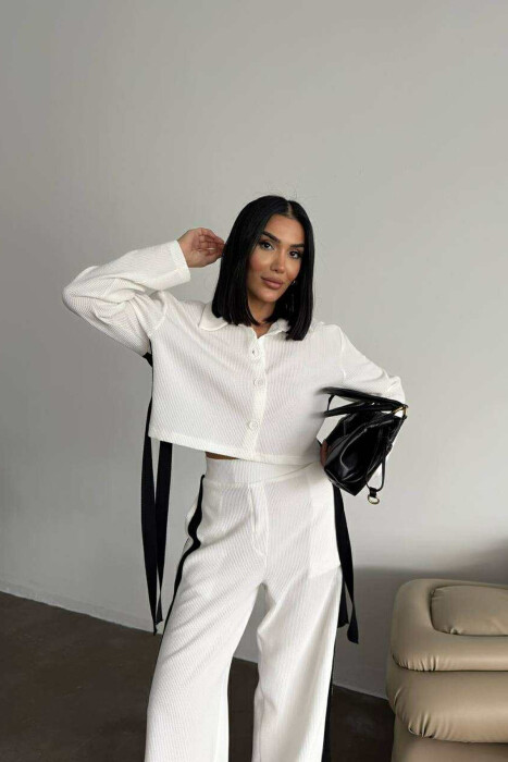 SIMPLE CROPPED SHIRT+TROUSERS WOMEN SET WHITE-E BARDHE - 3
