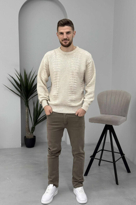 SIMPLE DESING KNITTED MEN SWEATER CREAM/KREM - 1