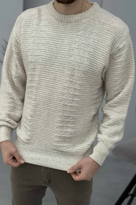 SIMPLE DESING KNITTED MEN SWEATER CREAM/KREM - 2