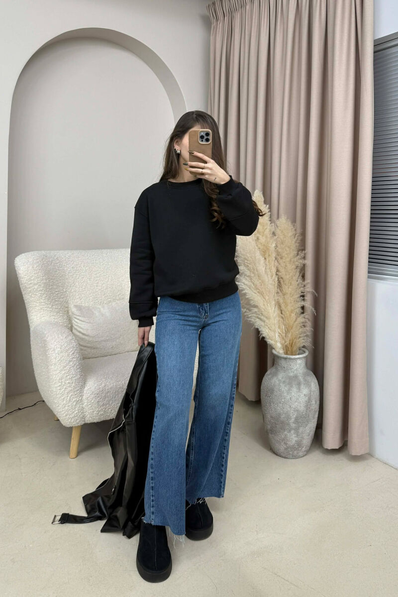 SIMPLE FLUFFY ONE COLOR COTTON WOMAN SWEATSHIRT BLACK/ E ZEZE - 1