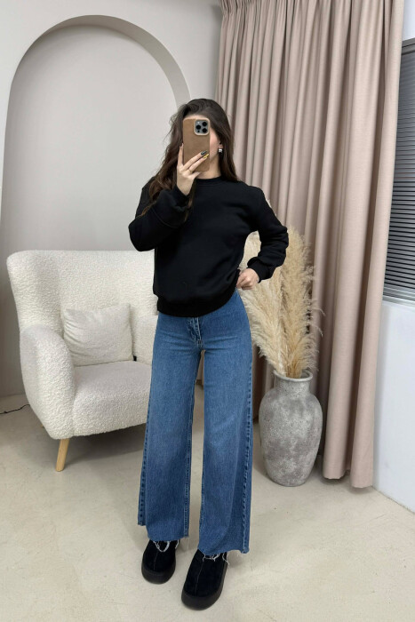 SIMPLE FLUFFY ONE COLOR COTTON WOMAN SWEATSHIRT BLACK/ E ZEZE - 2