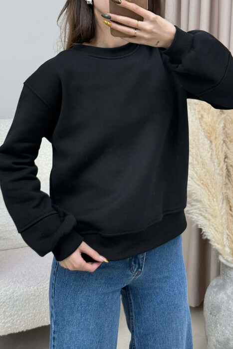 SIMPLE FLUFFY ONE COLOR COTTON WOMAN SWEATSHIRT BLACK/ E ZEZE - 5