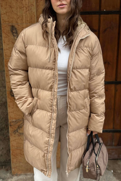 SIMPLE HOODED WOMEN PUFFER JACKET BEIGE/BEZHE - 4