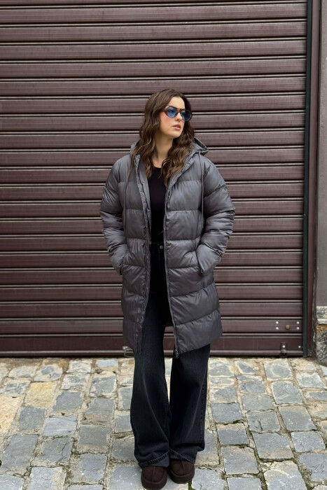 SIMPLE HOODED WOMEN PUFFER JACKET GREY/GRI - KLAUDIO FASHION