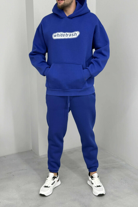 SIMPLE HOODIE+JOGGERS WRITTINGS FLUFFY MEN SET BLUE/BLU - KLAUDIO FASHION