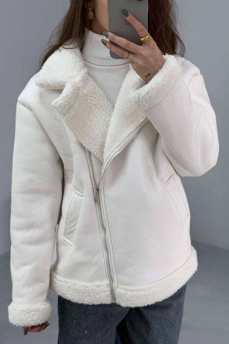 SIMPLE LEATHER FLUFFY WOMEN JACKET WHITE-E BARDHE - 4