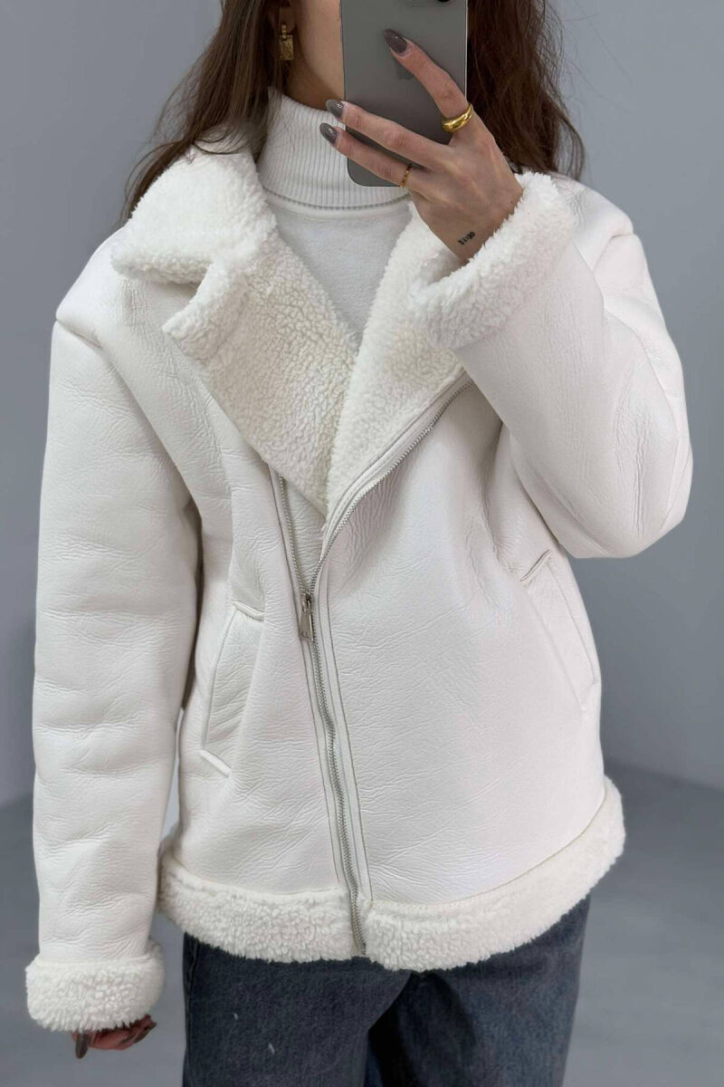SIMPLE LEATHER FLUFFY WOMEN JACKET WHITE-E BARDHE - 4