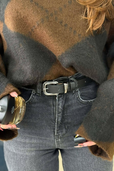 SIMPLE LEATHER WOMEN BELT BLACK+SILVER/ZEZE+ARGJEND - 1