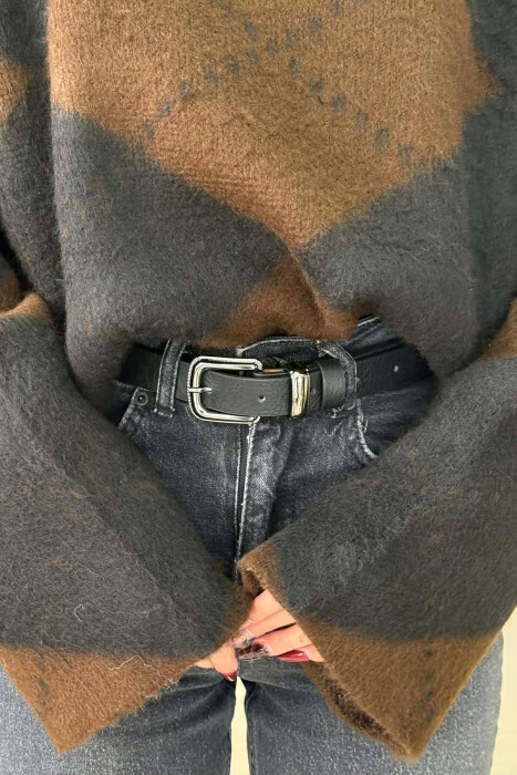 SIMPLE LEATHER WOMEN BELT BLACK+SILVER/ZEZE+ARGJEND - 2