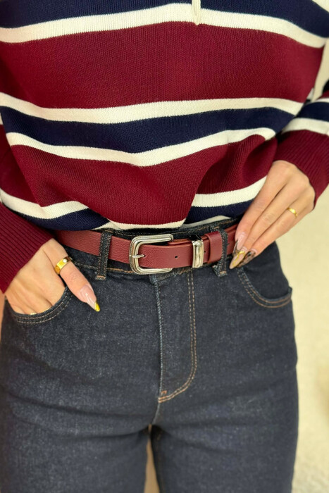 SIMPLE LEATHER WOMEN BELT BURGUNDY/VISHNJE - 2