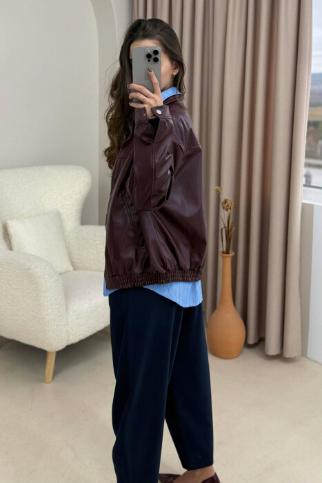 SIMPLE LEATHER WOMEN JACKET BURGUNDY/VISHNJE - 4