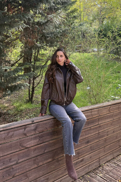 SIMPLE LEATHER WOMEN JACKET DARK BROWN/KAE 