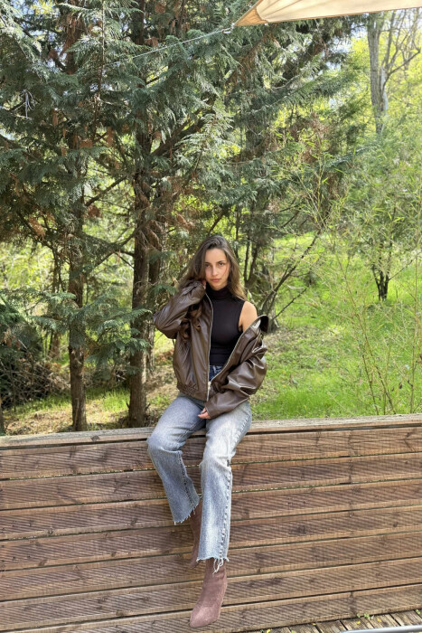 SIMPLE LEATHER WOMEN JACKET DARK BROWN/KAE - 3