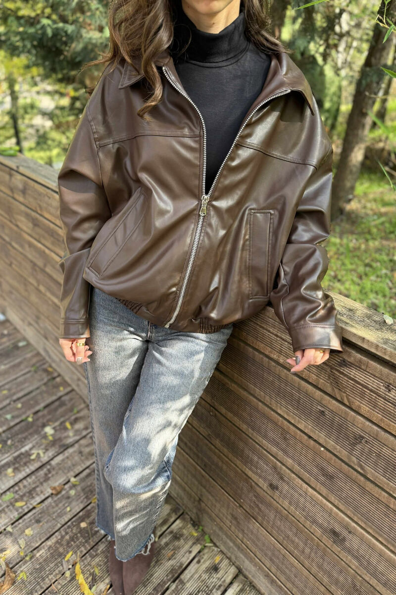 SIMPLE LEATHER WOMEN JACKET DARK BROWN/KAE - 6