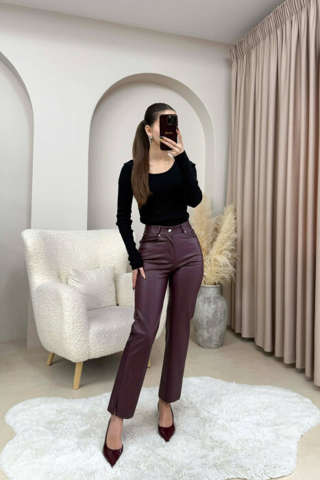 SIMPLE LEATHER WOMEN TROUSERS DARK BURGUNDY/VISHNJE E ERRET - 2