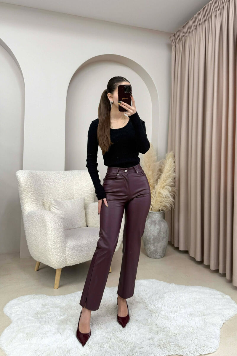 SIMPLE LEATHER WOMEN TROUSERS DARK BURGUNDY/VISHNJE E ERRET - 2
